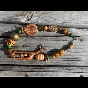 Vintage Safari Wood Carved Elephant  Necklace